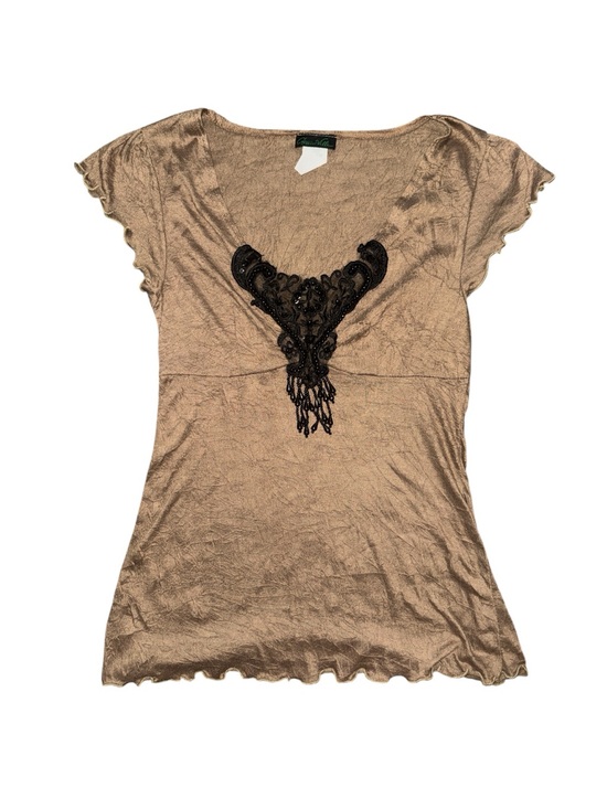 Green Ville Tops - Womens Crinkle Bronze Embellished V-Neck Babydoll Y2K Goth Glam Blouse Top Small